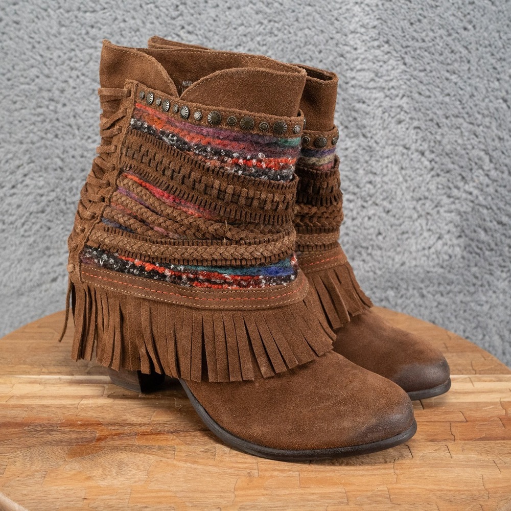 Naughty Monkey Boots Womens 8 Fringe Boho Ankle Booties Brown Leather Block